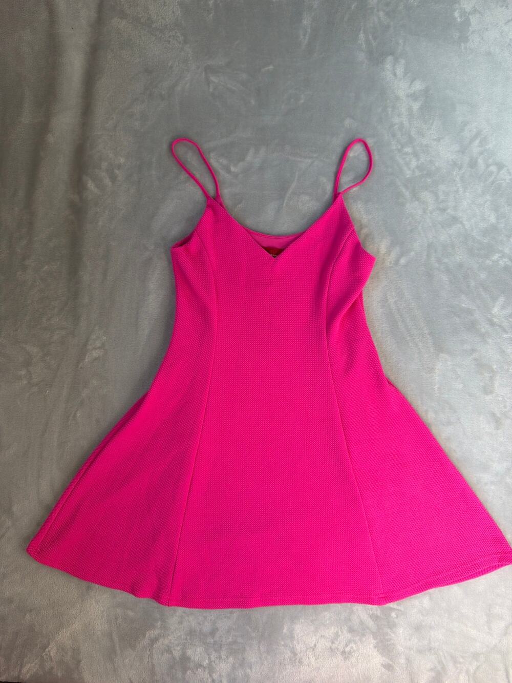 RED Saks Fifth Avenue Textured Skater Dress Womens Large L Hot Pink Mini V-Neck